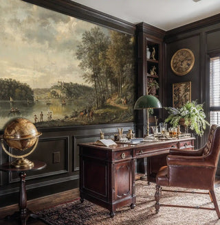 Historic landscape wall mural featuring riverside castle scene, displayed in traditional home office