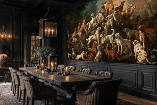 Hunting dogs wall mural with noble hounds in forest scene, displayed in elegant dining room with rustic wooden table