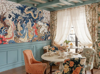 Imperial Asian wall mural with cherry blossoms, displayed in formal tea room with round table and floral chairs