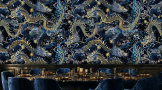 Imperial dragon wallpaper displaying golden creatures amid swirling celestial clouds, shown in formal dining space with table setting