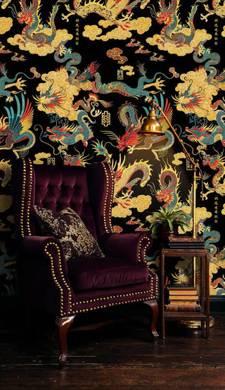 Imperial dragon wallpaper featuring golden dragons and clouds on black, shown in elegant study with purple chair