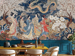 Imperial geisha dragon wall mural with navy backdrop and golden details, shown in elegant dining room with teal wainscoting