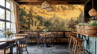 Indian architectural wall mural with golden temples and elephants displayed in rustic cafe with wicker pendants