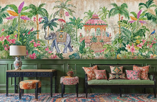 Indian elephant paradise wall mural with ornate pavilion and tropical foliage in green living room