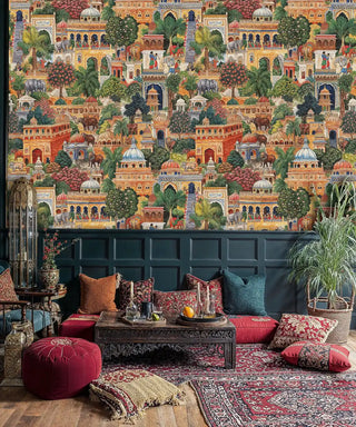 Indian palace garden wallpaper with detailed domes and wildlife shown in boho living room with floor cushions