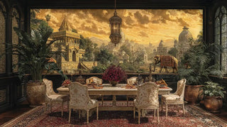 Indian palace wall mural with ornate temples, ceremonial elephants, and golden architecture in elegant dining room