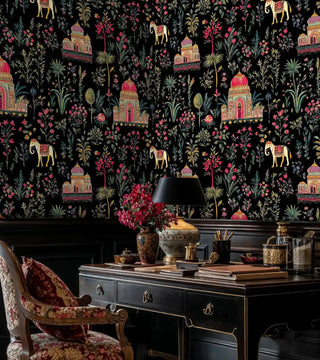 Indian palace wallpaper featuring ornate temples, decorative elephants, and vibrant florals in home office