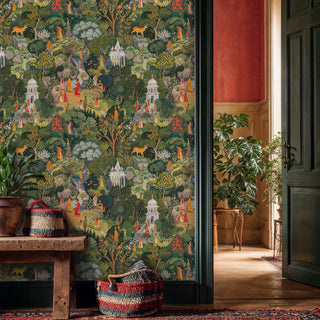 Indian temple garden wallpaper with deer and botanical elements, shown in a hallway with woven baskets and natural decor