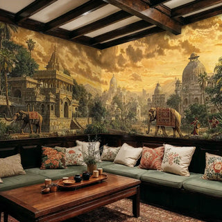 Indian temple wall mural featuring elephants and golden palaces in cozy living room with exposed beams