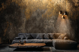 Industrial textured wallpaper with weathered metal finish in contemporary living room with sectional sofa