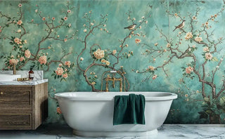 Jade chinoiserie wallpaper with delicate birds and blooms, displayed in luxury bathroom with freestanding tub