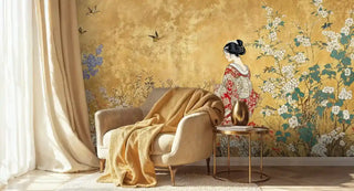 Japanese botanical wallpaper featuring geisha in garden scene, shown in cozy reading nook with beige armchair