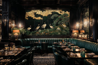 Japanese crane wall mural in dark green and gold, displayed in upscale restaurant dining room