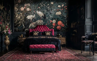Japanese crane wall mural with coral peonies on teal background in luxurious bedroom with burgundy velvet headboard