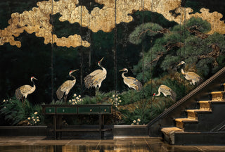 Japanese crane wall mural with gold clouds and pine trees in traditional style, shown in elegant hallway