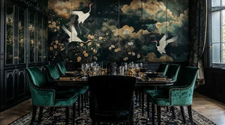 Japanese crane wall mural with golden clouds and florals, shown in elegant dining room with emerald chairs