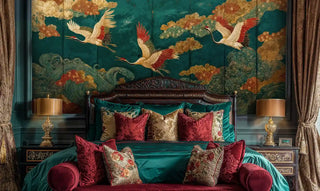 Japanese crane wall mural with golden clouds on teal background in luxurious bedroom with ornate headboard