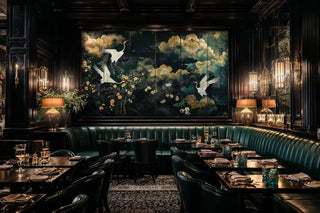 Japanese crane wallpaper in teal and gold, displayed in upscale restaurant with green leather banquette seating