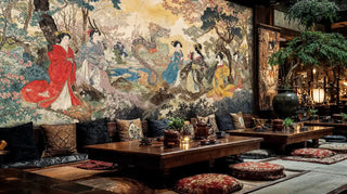 Japanese dragon goddess wall mural featuring elegant figures in silk robes within traditional restaurant seating