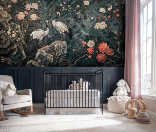 Japanese floral crane wallpaper shown in serene nursery with white crib and natural wood toys
