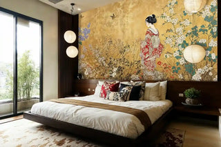 Japanese garden wall mural featuring geisha in red kimono among cherry blossoms on gold, in modern bedroom