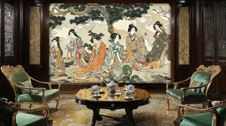 Japanese garden wall mural showing geishas in ornate kimonos and misty landscape, in formal sitting room with green chairs