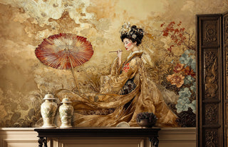 Japanese garden wallpaper with geisha figure shown in classic room setting with decorative vases