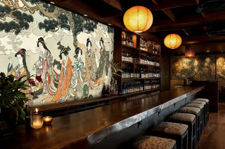 Japanese geisha garden wall mural with elegant figures in colorful kimonos under pine trees, in modern bar with lanterns