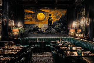 Japanese geisha moon wall mural in upscale restaurant dining room with green leather banquettes