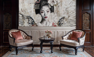 Japanese geisha portrait wallpaper with divine wings in classic sitting room with bergere chairs
