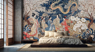 Japanese geisha wall mural featuring cherry blossoms and dragon, displayed in minimalist bedroom with low platform bed