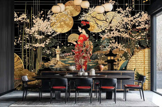 Japanese geisha wall mural with cherry blossoms and golden moons in modern dining room with paper lanterns