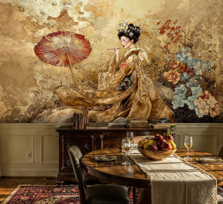 Japanese geisha wallpaper featuring golden kimono and red parasol in botanical setting, shown in elegant dining room