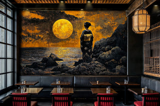 Japanese moonlit seascape wall mural in contemporary restaurant with red booth seating