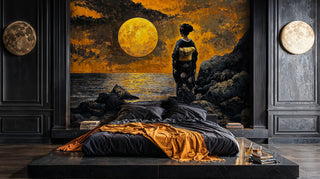 Japanese moonlit seascape wall mural with geisha figure and golden moon in luxury dark bedroom