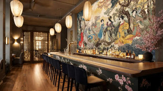 Japanese mythological wall mural depicting dragon and robed figures, showcased in sophisticated bar area setting
