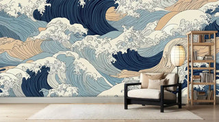 Japanese ocean waves wall mural with navy and beige flowing patterns, displayed in minimalist living room with wooden bookshelf