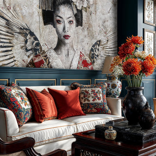 Japanese portrait wall mural with wing motifs in maximalist living room with floral cushions