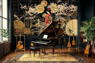 Japanese scenic wallpaper with traditional elements showcased in elegant music room with grand piano