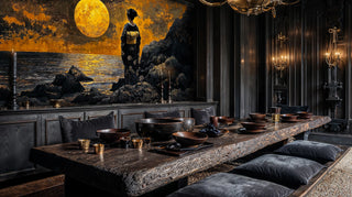 Japanese seascape wall mural featuring geisha and golden moon in elegant dining room with wooden table