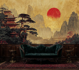 Japanese temple landscape wallpaper with pagoda, mountains, and red sun, shown in elegant living room with green sofa