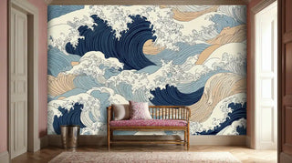 Japanese wave wall mural with navy and cream tones, displayed in elegant hallway with ornate wooden bench