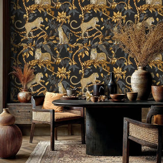 Jungle leopard wallpaper with golden rope motifs on charcoal background, styled in rustic dining room with woven chairs