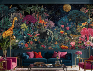 Jungle safari wall mural with giraffe, elephant, leopard and tropical florals in starry night sky, in dining room