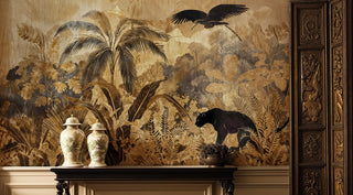 Jungle scene wall mural with panther and palm trees, shown in sophisticated room with ornate decorative vases