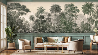 Jungle wall mural featuring elephants amid lush palms on cream, displayed in an elegant living room with banana plant
