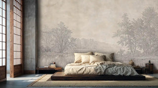 lakeside wall mural, grey etched trees on beige, minimalist, bedroom with low platform bed