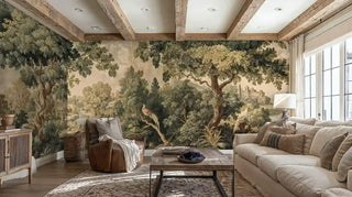 Landscape wall mural with birds and foliage, shown in modern living room with leather armchair and sectional sofa