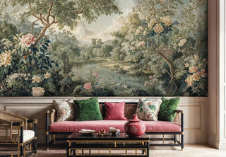 Landscape wallpaper featuring birds and flowers in muted greens and corals, in modern living room with pink sofa