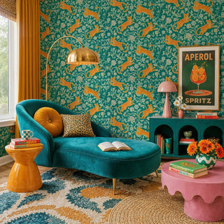 Leaping leopards on teal floral wallpaper shown in an eclectic lounge with teal velvet chaise and brass lamp